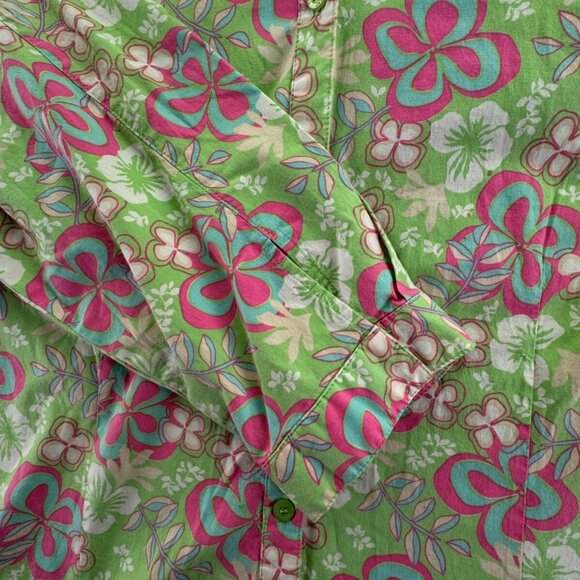 Duck Head Medium Women Button Up Floral Shirt Green Pink 1/2 Sleeve Stretch - Picture 11 of 14